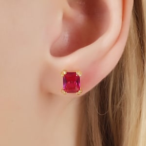 Ruby Radiant Cut Stud Earrings, Solid Gold, Minimalist Style