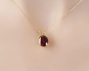 Oval Garnet Solid Gold Necklace, January Birthstone