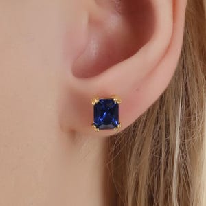 Sapphire Radiant Cut Earrings, September Birthstone Earrings, Solid Gold Earrings, Minimalist Stud Earrings, Solitarie Silver Earrings