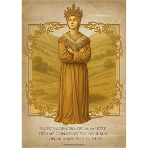 Puede incluir: Ilustración religiosa de una figura con túnica y corona doradas, con los brazos cruzados. El fondo muestra un paisaje dentro de un marco decorativo. El texto en la parte inferior dice "NUESTRA SEÑORA DE LA SALETTE, DÉJAME CONSOLAR TUS LÁGRIMAS CON MI AMOR POR TU HIJO."