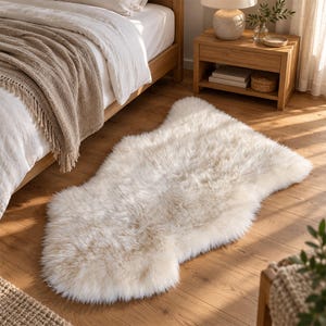 May include: An off-white, plush faux sheepskin rug with a natural, irregular hide shape and long, soft fibers. The rug features a dense, shaggy texture and a light cream color, providing a thick, cushioned surface for floor placement.