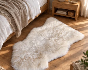 May include: An off-white, plush faux sheepskin rug with a natural, irregular hide shape and long, soft fibres. The rug features a dense, shaggy texture and a light cream colour, providing a thick, cushioned surface for floor placement.