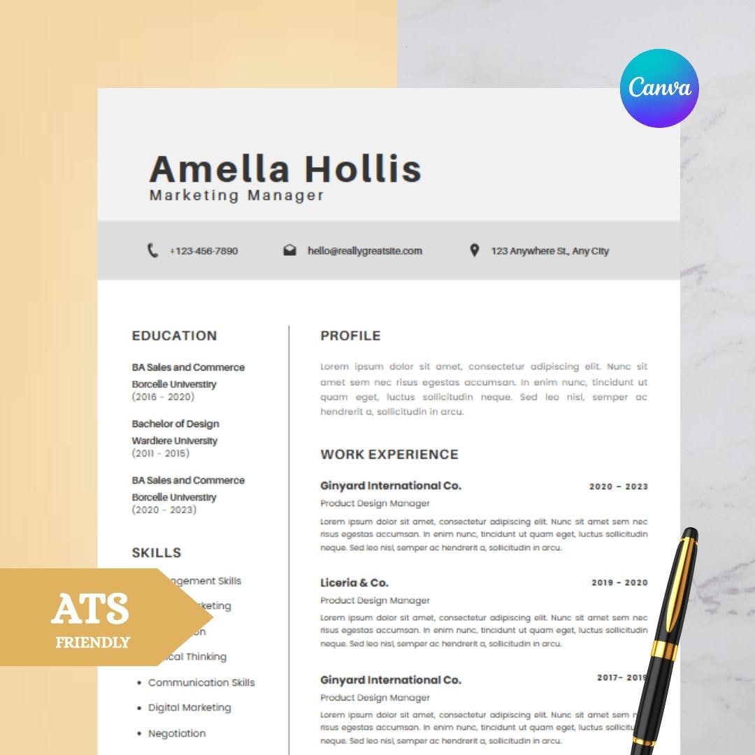 ATS Friendly Resume Template Canva | Pages, Google Docs | ATS Cv Resume ...