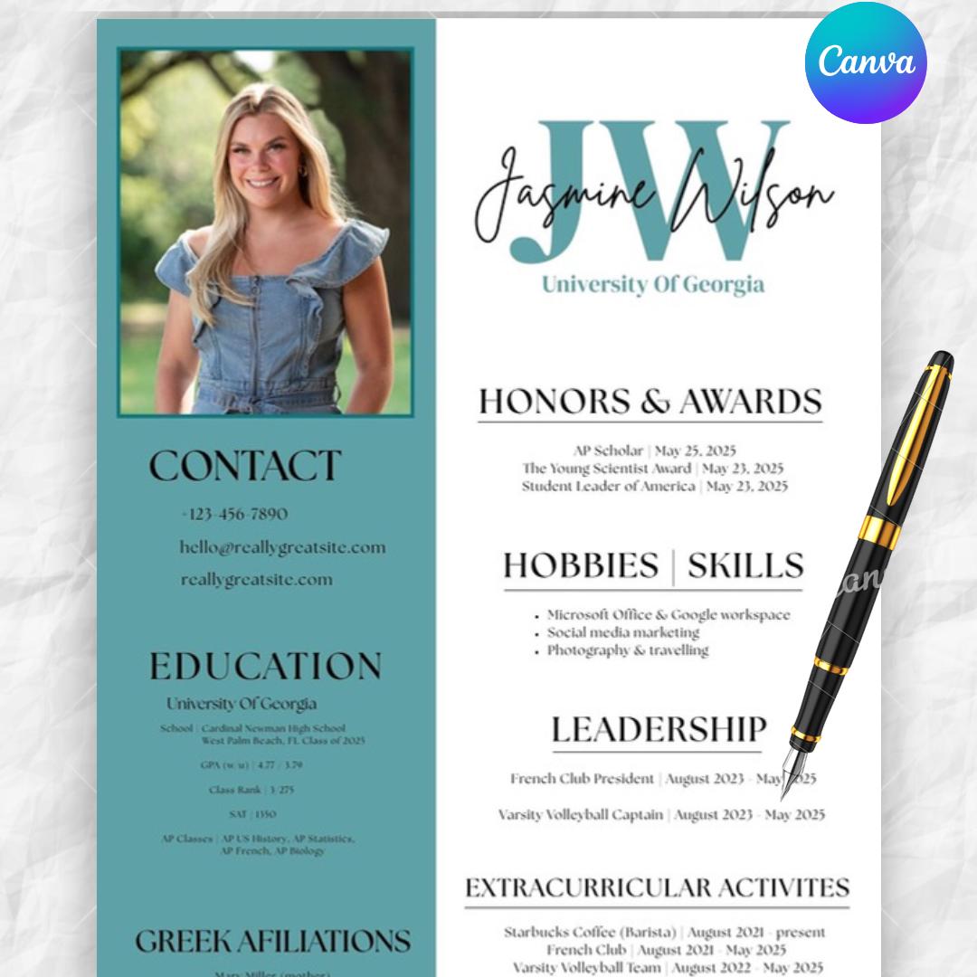 Editable Digital Sorority Resume Template | Canva Design with Photo | Stylish Sorority Recruitment Cover Letter | Cute Greek Life Rush Pack
