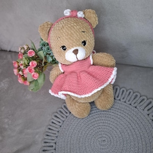 pink bear, bear with a dress, teddy bear, soft bear, plush toy, teddy bear gift, bear