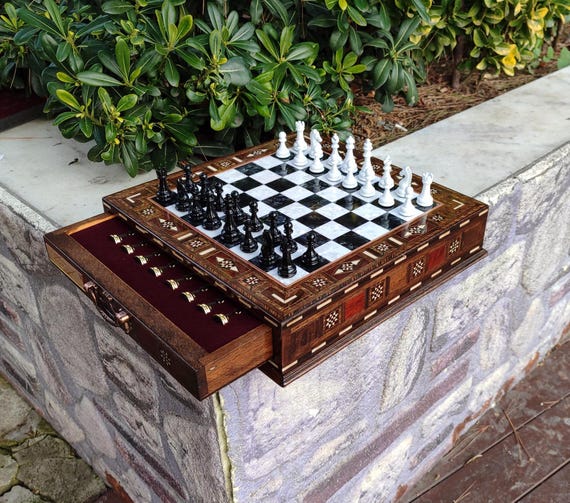 Handmade Wooden Chess Set – with Metal Pieces and Storage, Personalized Gift