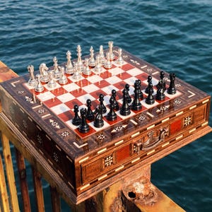 Luxury Wooden Chess Set – Handmade Board with Storage & Metal Pieces – Personalized Gift for Him or Dad