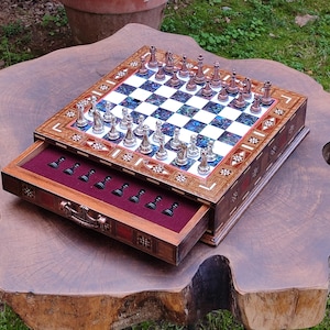 Luxury Wooden Chess Set – Handmade Board with Storage & Metal Pieces – Personalized Gift for Him or Dad