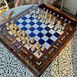 Luxury Wooden Chess Set – Handmade Board with Storage & Metal Pieces – Personalized Gift for Him or Dad