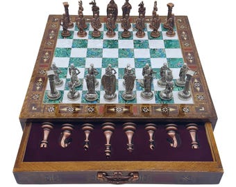 Juego de ajedrez de madera hecho a mano con piezas de metal: tablero de ajedrez con almacenamiento personalizado