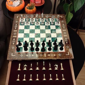 Luxury Wooden Chess Set – Handmade Board with Storage & Metal Pieces – Personalized Gift for Him or Dad