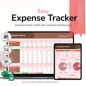 Może przedstawiać: Cyfrowy szablon do śledzenia wydatków wyświetlany na laptopie i tablecie. U góry widnieje napis "Easy Expense Tracker". Ekran laptopa wyświetla arkusz kalkulacyjny z kategoriami wydatków. Tablet wyświetla wykres kołowy.