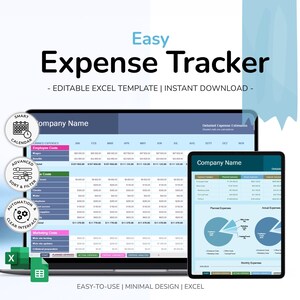 Peut inclure: Un ordinateur portable et une tablette affichent un modèle de suivi des dépenses. L'écran de l'ordinateur portable montre une feuille de calcul détaillée avec des catégories de dépenses. La tablette affiche des graphiques circulaires. Le texte comprend "Easy Expense Tracker".