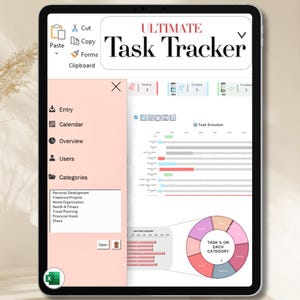 May include: A digital tablet displays the "ULTIMATE Task Tracker" interface. The screen shows a task schedule, a pie chart with task percentages, and a menu with options like "Entry," "Calendar," and "Categories."