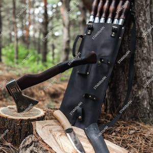 Handcrafted Outdoor BBQ Grill Tool Set with Leather Carry Case Forged Skewers, Camp Axe & Utility Camping Cooking Kit, Father's Day Gift