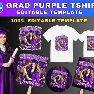 Könnte beinhalten: Eine digitale Designvorlage für Abschlusskleidung mit einem violetten und goldenen Thema. Die Grafik enthält den Text SENIOR und Jennifer, einen Absolventen in violettem Talar mit Diplom sowie violette Luftballons auf weißen T-Shirts.