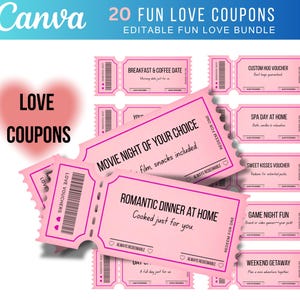 Könnte beinhalten: Rosa Liebesgutscheine mit verschiedenen romantischen Aktivitätsideen. Die Gutscheine enthalten Texte wie "Breakfast & Coffee Date", "Movie Night of Your Choice" und "Romantic Dinner at Home". Die Worte "Love Coupons" sind ebenfalls sichtbar.