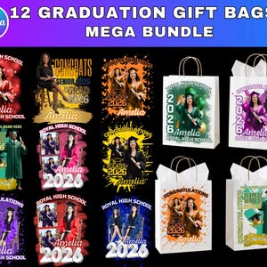 Könnte beinhalten: Ein Mega-Bundle aus 12 Abschluss-Geschenktüten mit verschiedenen Designs und dem Text 12 GRADUATION GIFT BAGS MEGA BUNDLE, ROYAL HIGH SCHOOL, 2026, CONGRATS, SENIOR, CLASS OF 2026 und Amelia. Die Tüten zeigen diverse Abschlussfotos.