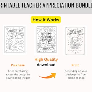 May include: A printable teacher appreciation bundle with three black and white designs. The designs include a flower, a watering can, a rainbow, rockets, and a trophy. The text includes "Thank You For Helping Me Grow" and "You're The Best Teacher!"