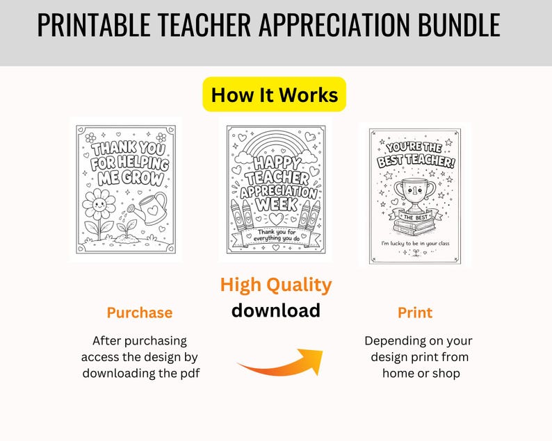 May include: A printable teacher appreciation bundle with three black and white designs. The designs include a flower, a watering can, a rainbow, rockets, and a trophy. The text includes "Thank You For Helping Me Grow" and "You're The Best Teacher!"