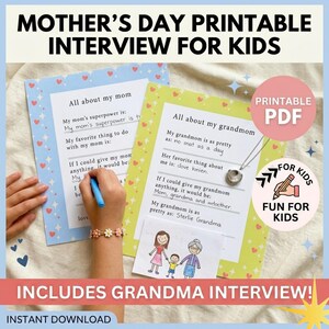Op de afbeelding: Een printbaar Moederdag-interview voor kinderen, met vragen over moeders en oma's. De PDF-download bevat kleurrijke ontwerpen en de tekst "Fun for Kids".