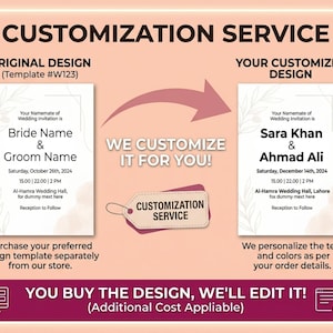 Könnte beinhalten: Pfirsichfarbene Grafik, die einen Anpassungsservice für Hochzeitseinladungen bewirbt. Sie zeigt Beispiele für Original- und kundenspezifische Designs mit Text wie "Bride Name & Groom Name" und "Sara Khan & Ahmad Ali". Der Text "CUSTOMIZATION SERVICE" ist ebenfalls enthalten.
