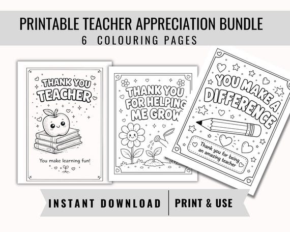 6 Teacher Thank You Coloring Pages, kids coloring pages, Printable Teacher Appreciation Gift from Kids, End of Year School Activity PDF
