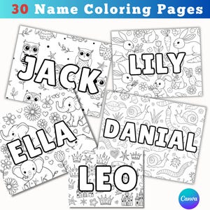 Könnte beinhalten: Fünf Malvorlagen mit den Namen Jack, Lily, Ella, Danial und Leo. Jede Seite hat ein anderes Hintergrunddesign mit Tieren und Blumen. Der Text "30 Name Coloring Pages" steht oben in Rot.