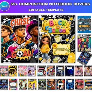 Könnte beinhalten: Eine bearbeitbare Vorlage mit über 55 Notizbuch-Cover-Designs, darunter Fußballmotive, Zeichentrickfiguren und Schulanfangs-Grafiken. Die Sammlung zeigt verschiedene Layouts mit Texten wie CHASE, GOAL und BACK TO SCHOOL.