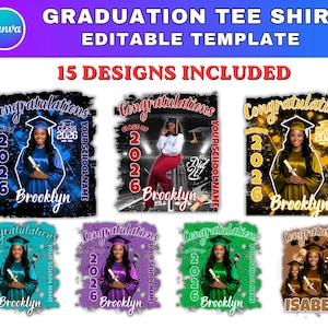 May include: A selection of graduation tee shirt designs. Each design shows a graduate in a cap and gown, the text "Congratulations", the year "2026", and space for a school name and graduate's name. The designs are in various colours.