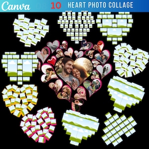Könnte beinhalten: Eine digitale Collage mit zehn herzförmigen Foto-Layouts. Das zentrale Herz zeigt ein Paar, umgeben von kleineren Herzen mit zusätzlichen Fotos. Der Hintergrund ist schwarz, mit dem Wort "Canva" und "10 HEART PHOTO COLLAGE" oben.