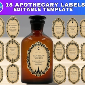 Könnte beinhalten: Eine braune Apothekerflasche mit schwarzem Verschluss, umgeben von 15 editierbaren Etiketten. Die Etiketten, mit verzierten Rahmen, enthalten Texte wie "Dragonfire Draught" und "Mystic's Tonic". Das Design hat eine Vintage-Ästhetik.