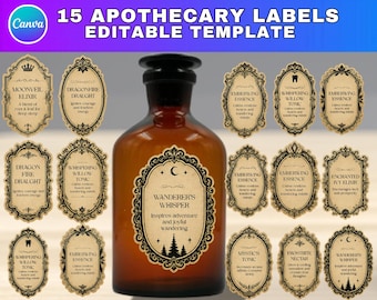 15 Editable Apothecary Labels Canva Templates, Vintage Potion Bottle Stickers, Wizard Party Labels, Custom Potion Labels, Instant Download