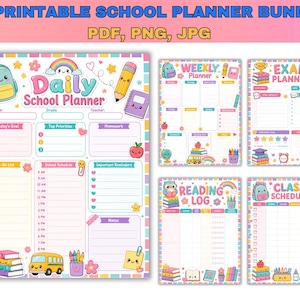 10 Kawaii Back to School Students Weekly Planner Template, To-Do List Printables, Daily Weekly Homework Reading Log Study Schdule, PDF PNG