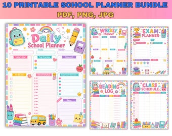 10 Kawaii Back to School Students Weekly Planner Template, To-Do List Printables, Daily Weekly Homework Reading Log Study Schdule, PDF PNG