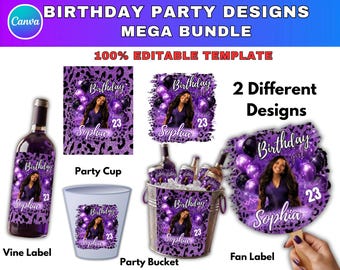 Editable Canva Purple Birthday Party Designs, Birthday Shirts, Fans, Cups, Cap, Cheetah Theme Birthday Digital, Birthday Party Cup Template
