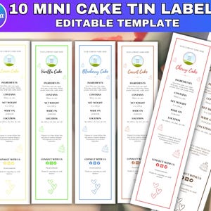 Könnte beinhalten: Ein Set aus 10 bearbeitbaren Etiketten für Mini-Kuchenformen mit rechteckigem Design, farbigen Rändern und Text wie Zutaten, Enthält, Nettogewicht 113 g, Hergestellt am, Standort und Connect With Us, sowie kleinen Kuchen- und Herzsymbolen.