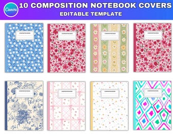 10 Coquette Bows Composition Notebook Covers Bundle, Toile Composition Notebook Canva Editable Template, Printable Notebook, Back to School