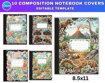 10 Dinosaur Composition Book Cover Canva Templates, Editable Dino Notebook Covers, Back to School Printable  Covers, Instant Download