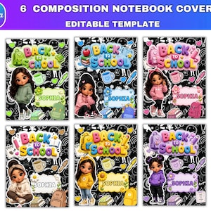 6x Composition Notebook Covers Bundle, Composition Notebook Canva Editable Template, Printable Notebook, Back to School digital download