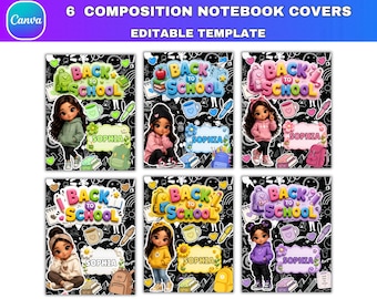 6x Composition Notebook Covers Bundle, Composition Notebook Canva Editable Template, Printable Notebook, Back to School digital download