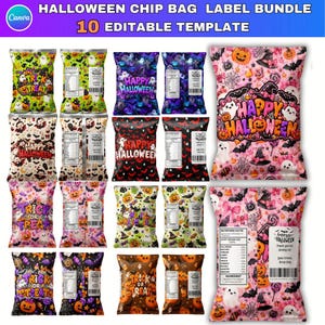 Könnte beinhalten: Ein digitales Set aus 10 bearbeitbaren Halloween-Chipstüten-Etikettenvorlagen mit verschiedenen bunten Mustern aus Geistern, Kürbissen und Fledermäusen. Der Text umfasst Happy Halloween und Trick or Treat, inklusive sichtbarer Nährwerttabellen.