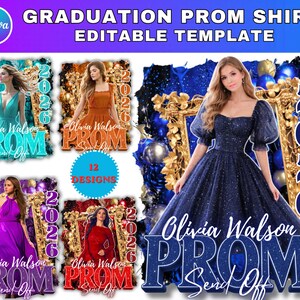 Könnte beinhalten: Eine Canva-Vorlage für ein Abschlussball-Shirt. Das Design zeigt mehrere Bilder von Frauen in Abschlusskleidern mit dem Text "Olivia Watson PROM Send Off" und dem Jahr "2026". Die Vorlage enthält 12 Designs.