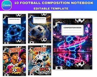 10 Football Composition Book Cover Canva Editable Designs, Composition Notebook Cover Templates, Back to School Digital, Printable Notebook