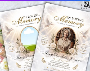 Plantilla editable de Canva para folleto funerario, anuncio de servicio conmemorativo, homenaje con alas de ángel, en memoria de un ser querido, descarga digital instantánea.