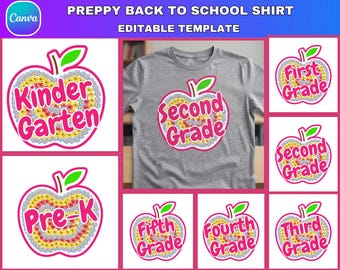 Editable Preppy First Day of School PNG Bundle, Preppy Back to School Shirt Design, Coquette Teacher PNG, Retro Girly  Apple PNG