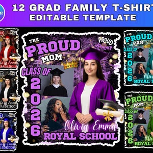 Könnte beinhalten: Eine digitale Vorlage für ein Abschluss-T-Shirt-Design. Das Design zeigt den Text "The Proud Mom" und "Class of 2026" mit Bildern von Absolventen in Hüten und Roben. Die Vorlage ist anpassbar.