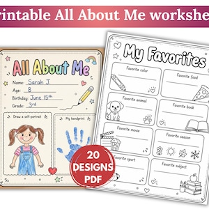 Könnte beinhalten: Zwei druckbare All About Me Arbeitsblätter mit schwarz-weißen Strichzeichnungen. Ein Blatt enthält Abschnitte für persönliche Angaben, ein Selbstporträt und einen Handabdruck. Das andere Blatt listet Kategorien wie Lieblingsessen und Buch auf.