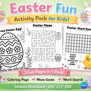 Printable Easter Fun Activity Pack for Kids, Coloring Page, Maze, Word Search, Kids Activity Book, Easter Games, Instant Download, MT32