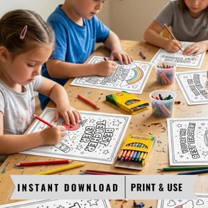 May include: Children are colouring "Best Teacher Ever" and "You're the Best Teacher" pages with crayons. The image includes boxes of crayons, and the text "Instant Download Print & Use".